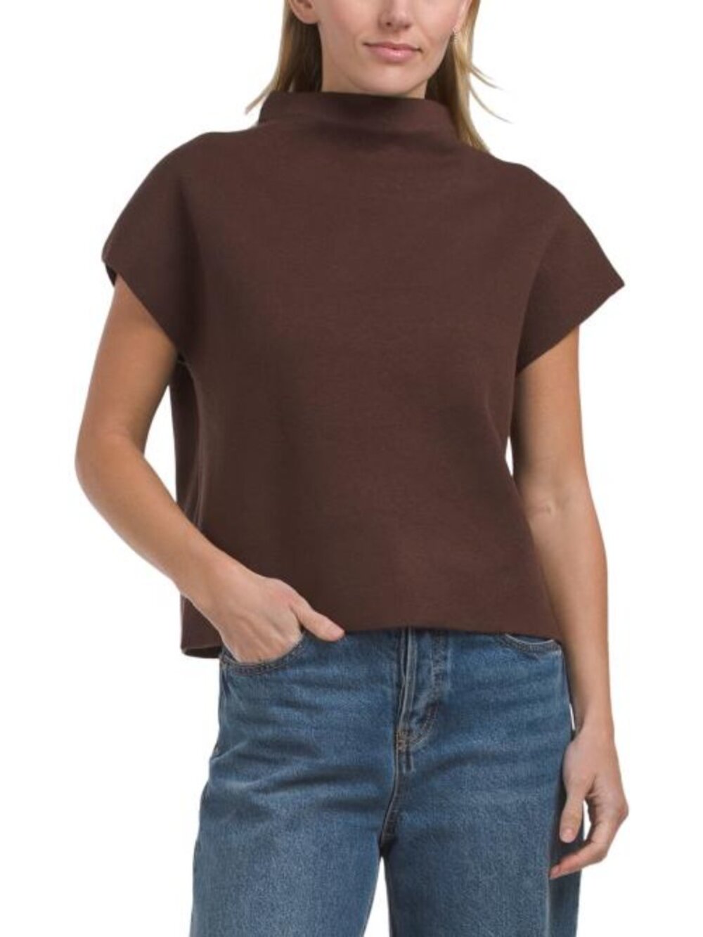 TAHARI Short Sleeve Solid Funnel Neck Dolman Pull Over Sweater